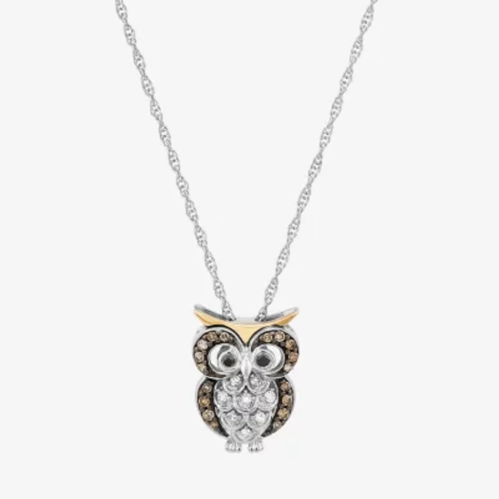 Owl Womens 1/6 CT. T.W. Natural Champagne Diamond 14K Gold Sterling Silver 18 Inch Pendant Necklace