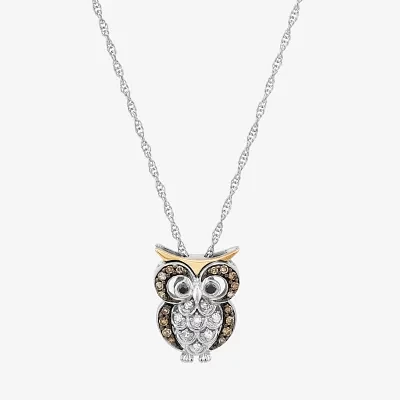 Owl Womens 1/6 CT. T.W. Natural Champagne Diamond 14K Gold Sterling Silver 18 Inch Pendant Necklace