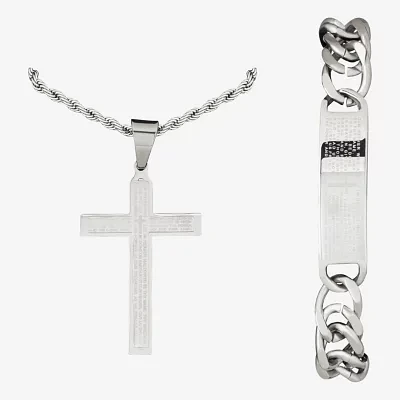 Mens Lord's Prayer 2-pc Stainless Steel Cross Necklace and ID bracelet Jewerly Set