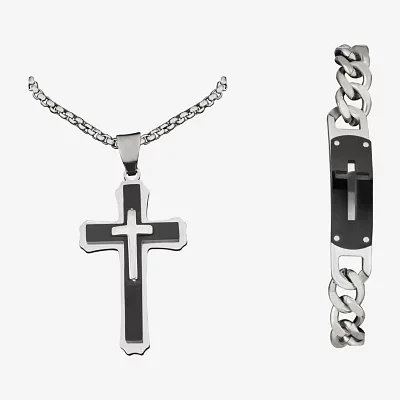 Mens 2-pc Stainless Steel Cross Necklace and ID bracelet Jewerly Set