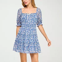 Trixxi Womens Short Sleeve Floral Fit + Flare Dress Juniors