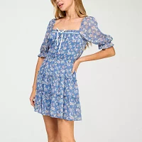 Trixxi Womens Short Sleeve Floral Fit + Flare Dress Juniors
