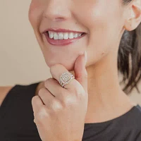 (G/Si2) Womens 4 CT. T.W. Lab Grown White Diamond 10K Gold Cushion Halo Side Stone Cocktail Ring