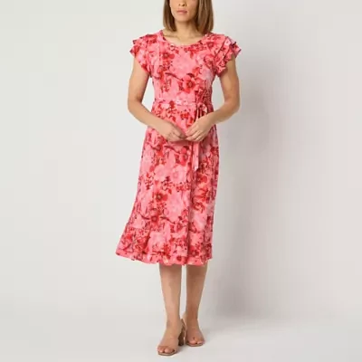 Perceptions Womens Short Sleeve Floral Midi Fit + Flare Dress Petite