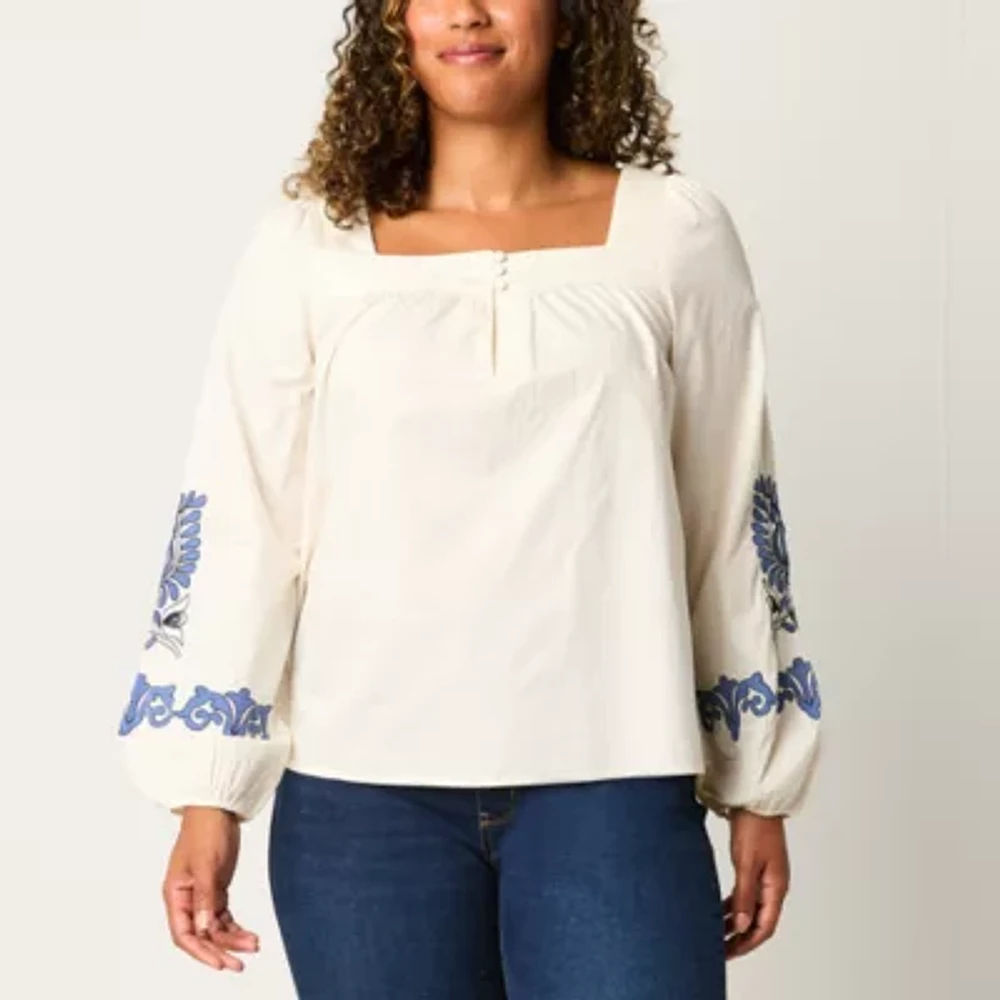 St. John's Bay Womens Square Neck Long Sleeve Embroidered Blouse