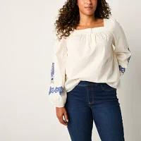 St. John's Bay Womens Square Neck Long Sleeve Embroidered Blouse