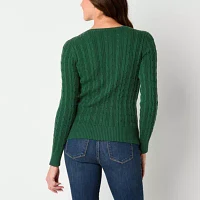 St. John's Bay Womens V Neck Long Sleeve Cable Knit Pullover Sweater