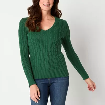 St. John's Bay Womens V Neck Long Sleeve Cable Knit Pullover Sweater