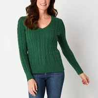 St. John's Bay Womens V Neck Long Sleeve Cable Knit Pullover Sweater