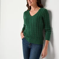 St. John's Bay Womens V Neck Long Sleeve Cable Knit Pullover Sweater