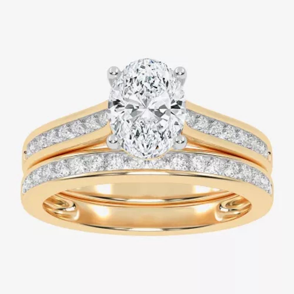 (G / Vs2-Si1) Womens 1 1/2 CT. T.W. Lab Grown White Diamond 10K Gold Oval Side Stone Bridal Set