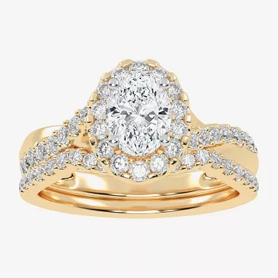 (G / Vs2-Si1) Womens 1 CT. T.W. Lab Grown White Diamond 14K Gold Oval Side Stone Halo Engagement Ring