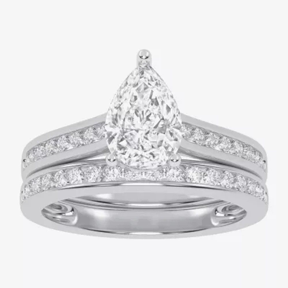 (G / Vs2-Si1) Womens 1 1/2 CT. T.W. Lab Grown White Diamond 10K Gold Pear Side Stone Engagement Ring