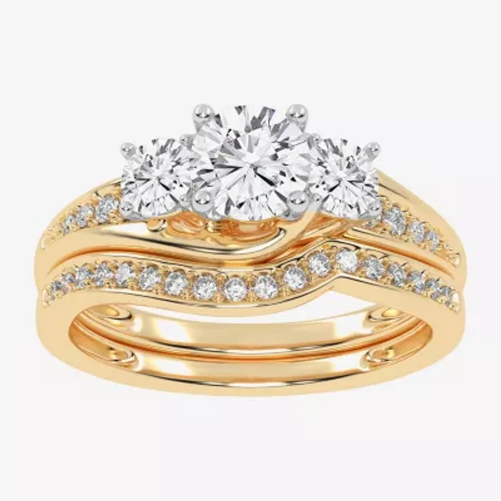 (G / Vs2-Si1) Womens 1 CT. T.W. Lab Grown White Diamond 10K Gold Side Stone 3-Stone Bridal Set