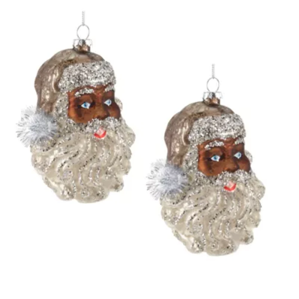 North Pole Trading Co. Glitter Santa Head African American Set 2-pc. Christmas Ornament