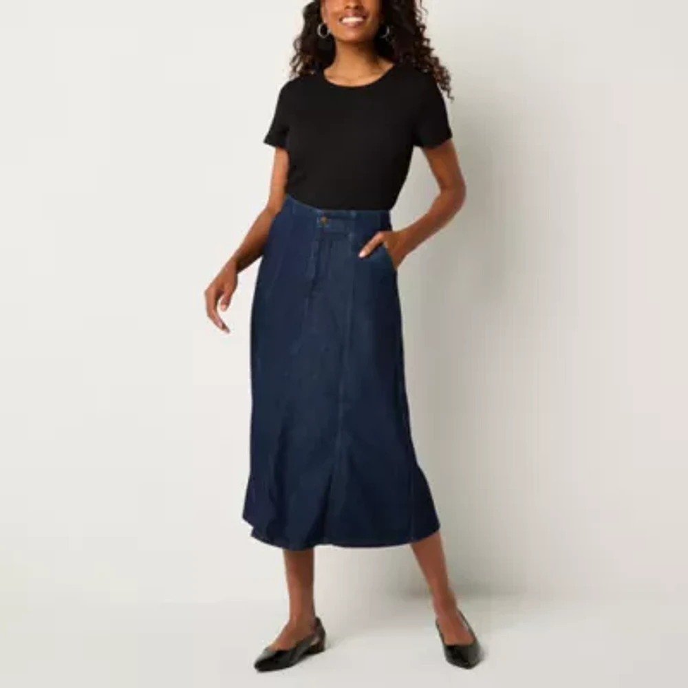 Liz Claiborne Womens Mid Rise Midi Denim Skirt