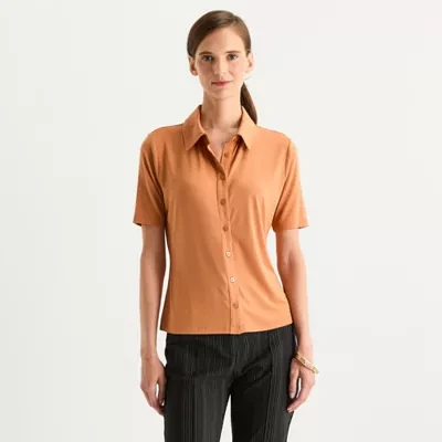Worthington Womens Short Sleeve Regular Fit Button-Down Shirt