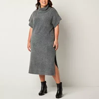 Worthington Plus Womens Short Sleeve Midi Sweater Dress