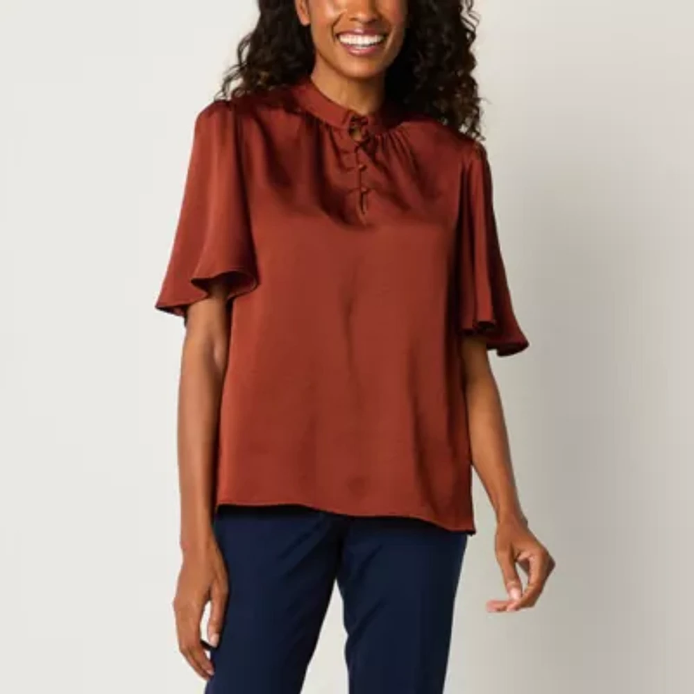 Liz Claiborne Womens Elbow Sleeve Satin Blouse