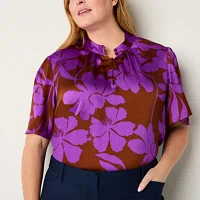 Liz Claiborne Plus Womens Elbow Sleeve Satin Blouse