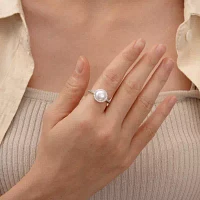 Diamonart® Cultured Freshwater Pearl and Cubic Zirconia Sterling Silver Ring