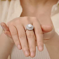 DiamonArt® Cultured Freshwater Pearl and Cubic Zirconia Sterling Silver Flower Ring