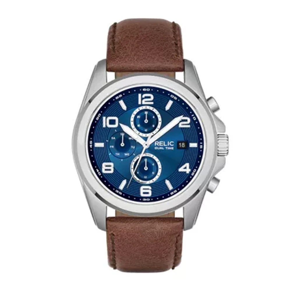 Relic By Fossil Mens Multi-Function Brown Leather Strap Watch Zr15794