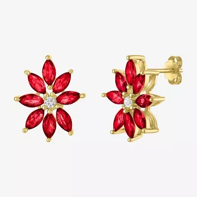 Lab Created Red Ruby 14K Gold Over Silver 16mm Flower Stud Earrings