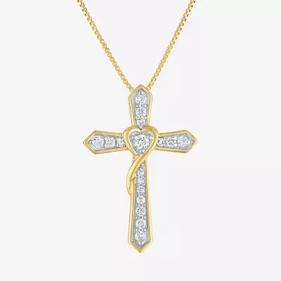 Cross (G-H / Si2-I1) Womens 1/4 CT. T.W. Lab Grown White Diamond 14K Gold Over Silver Cross Heart 18 Inch Pendant Necklace
