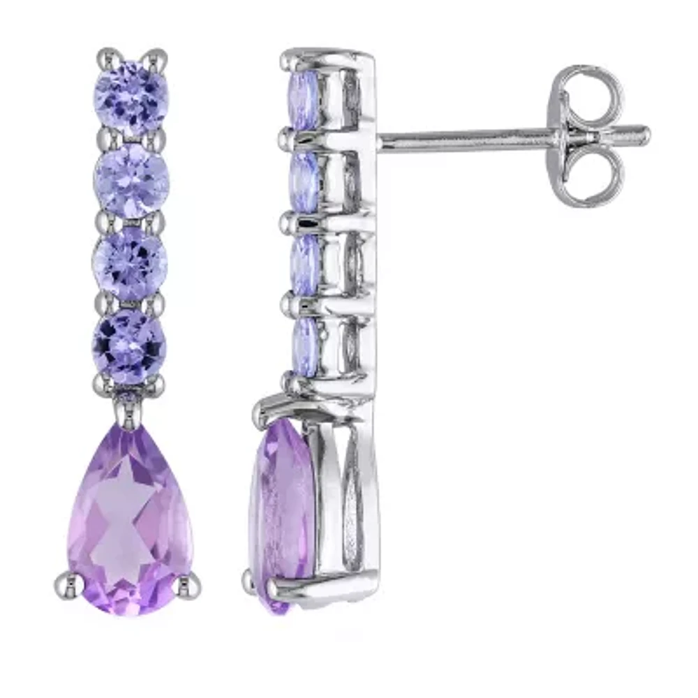 Genuine Amethyst & Tanzanite Linear Drop Sterling Silver Earrings