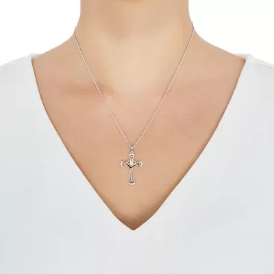 Forever Inspired Womens White Cubic Zirconia Sterling Silver Cross Pendant Necklace