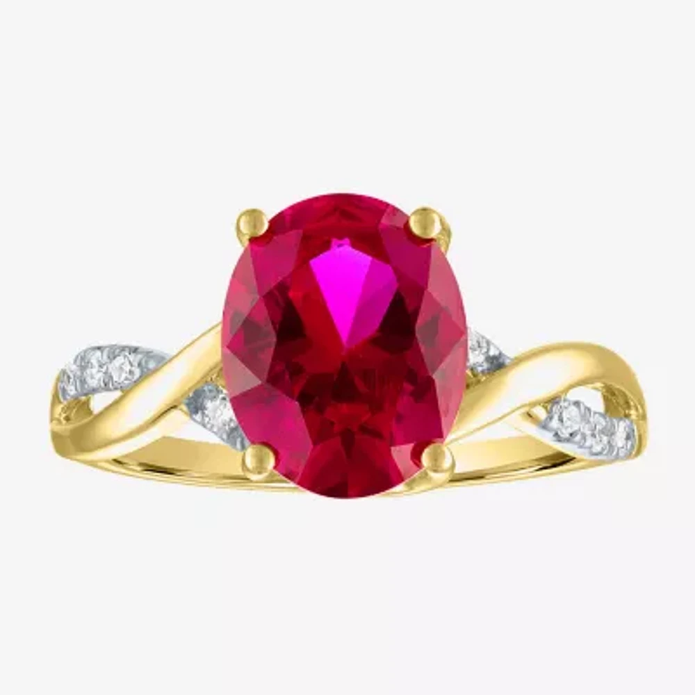 Womens Diamond Accent Lab Created Red Ruby 10K Gold Side Stone Cocktail Ring