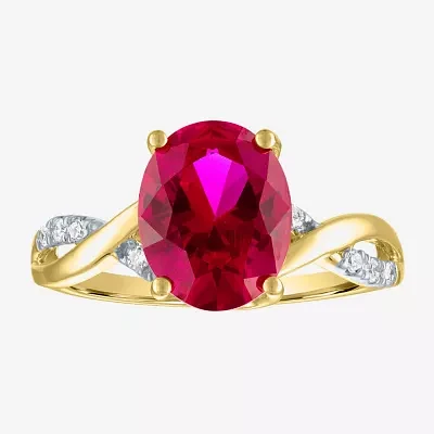 Womens Diamond Accent Lab Created Red Ruby 10K Gold Side Stone Cocktail Ring