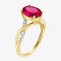 Womens Diamond Accent Lab Created Red Ruby 10K Gold Side Stone Cocktail Ring