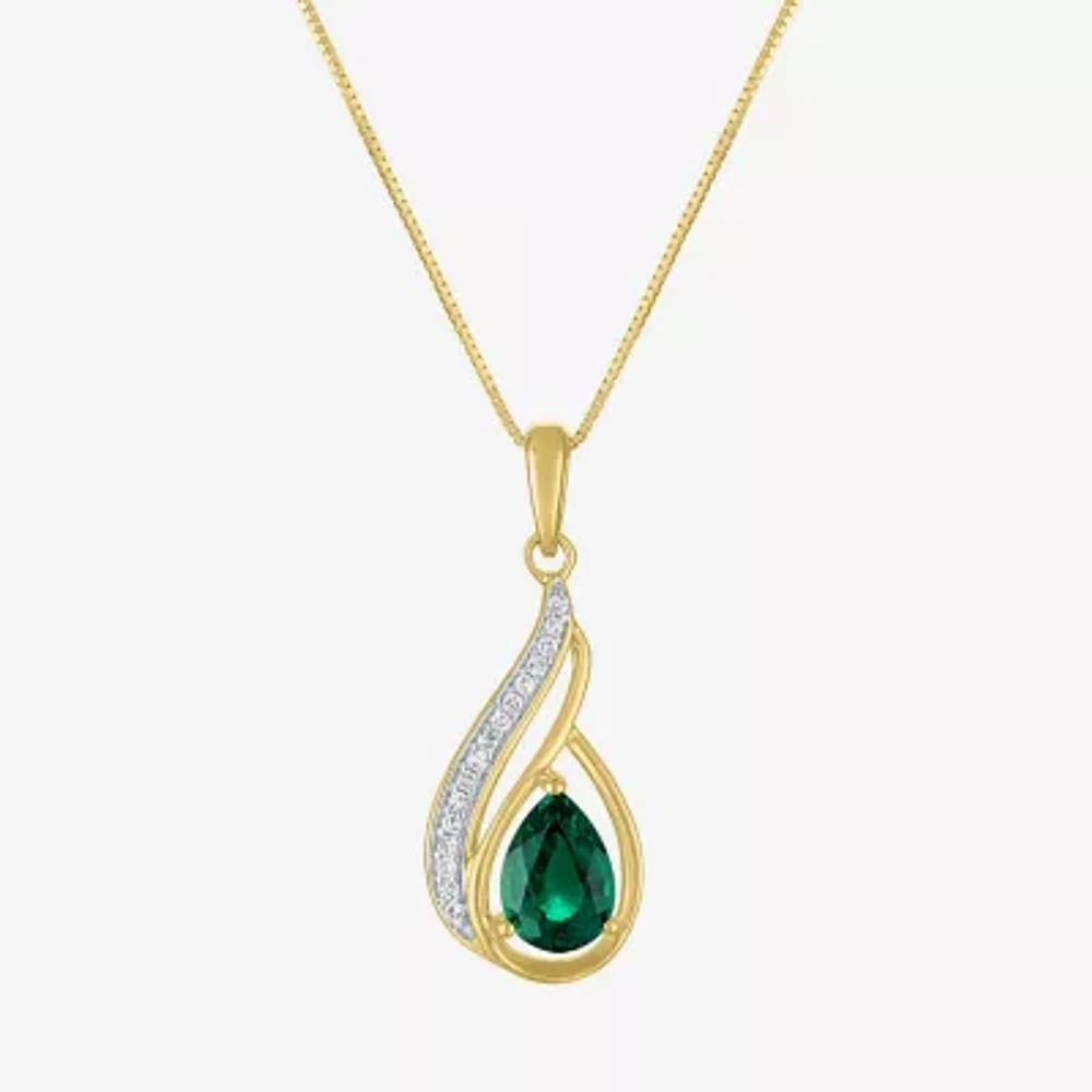 Womens Diamond Accent Lab Created Green Emerald 10K Gold Pear Pendant Necklace