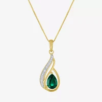 Womens Diamond Accent Lab Created Green Emerald 10K Gold Pear Pendant Necklace