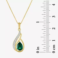 Womens Diamond Accent Lab Created Green Emerald 10K Gold Pear Pendant Necklace