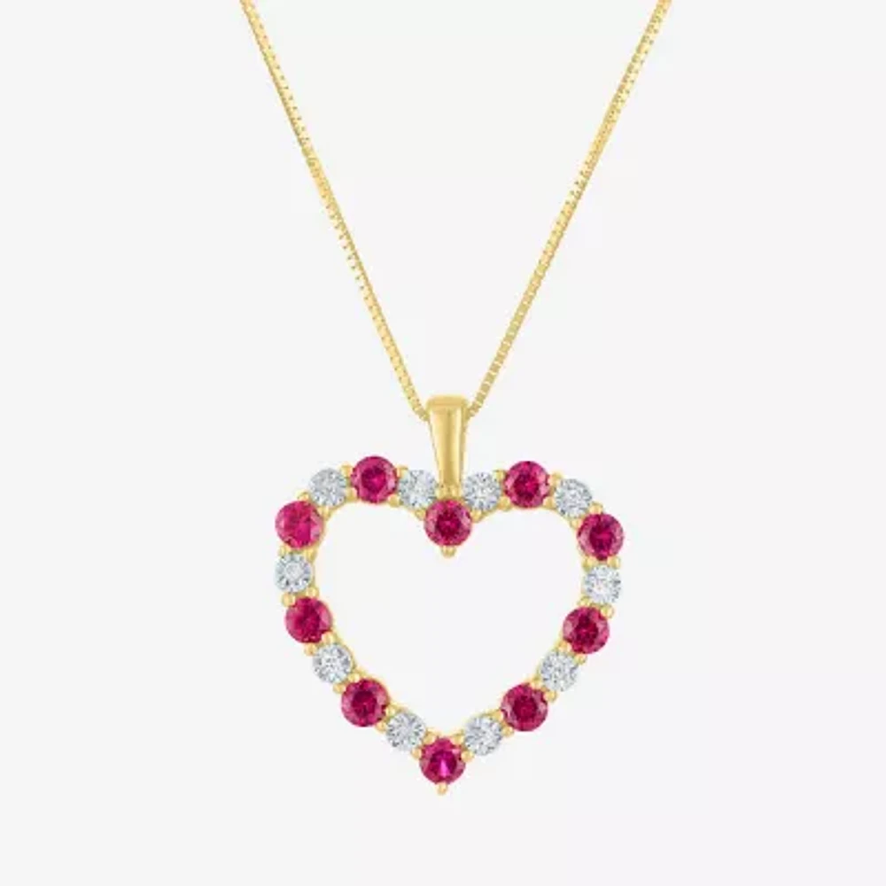 Womens Diamond Accent Lab Created Red Ruby 10K Gold Heart Pendant Necklace