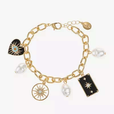 Bijoux Bar Gold Tone Glass Simulated Pearl Link Evil Eye Heart Star Charm Bracelet