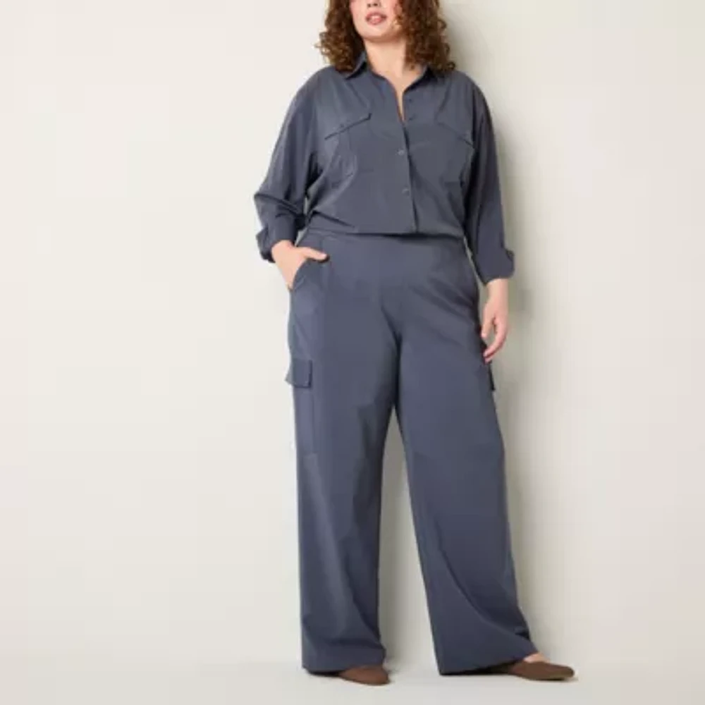 Stylus Womens Mid Rise Stretch Fabric Wide Leg Cargo Pant-Plus