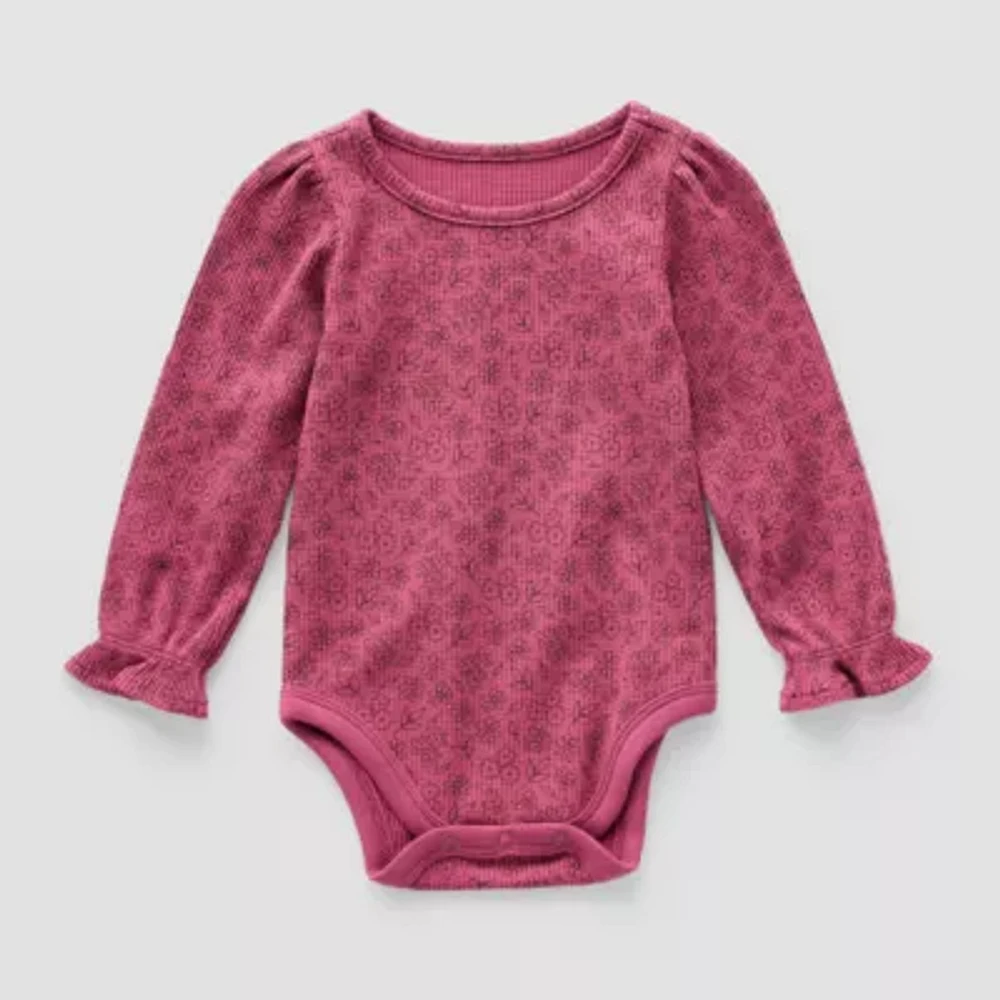 Okie Dokie Waffle Knit Baby Girls Round Neck Long Sleeve Bodysuit