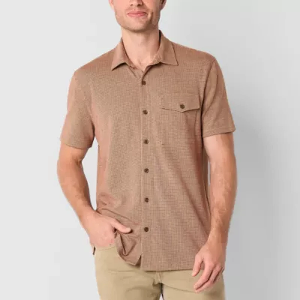 mutual weave Mens Regular Fit Short Sleeve Jacquard Button-Down Shirt