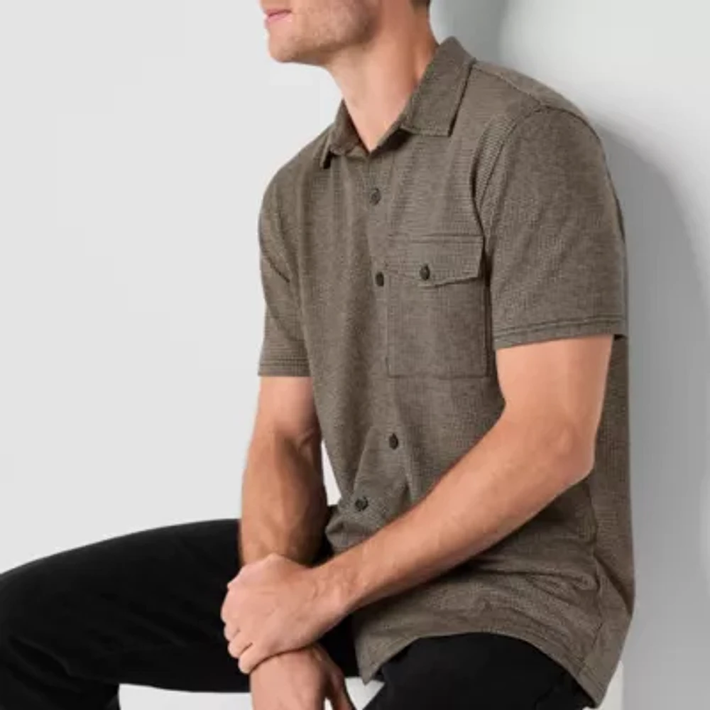 mutual weave Mens Regular Fit Short Sleeve Jacquard Button-Down Shirt