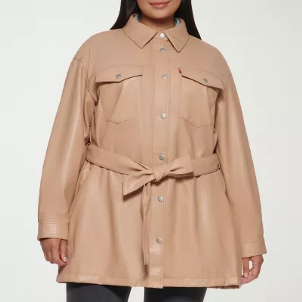 Levi's Faux Leather Belted Wind Resistant Water Midweight Womens Plus Jacket