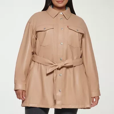 Levi's Faux Leather Belted Wind Resistant Water Midweight Womens Plus Jacket