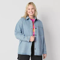 JCPenney x HARIBO Womens Juniors Plus Denim Embroidered Lightweight Animal Shirt Jacket