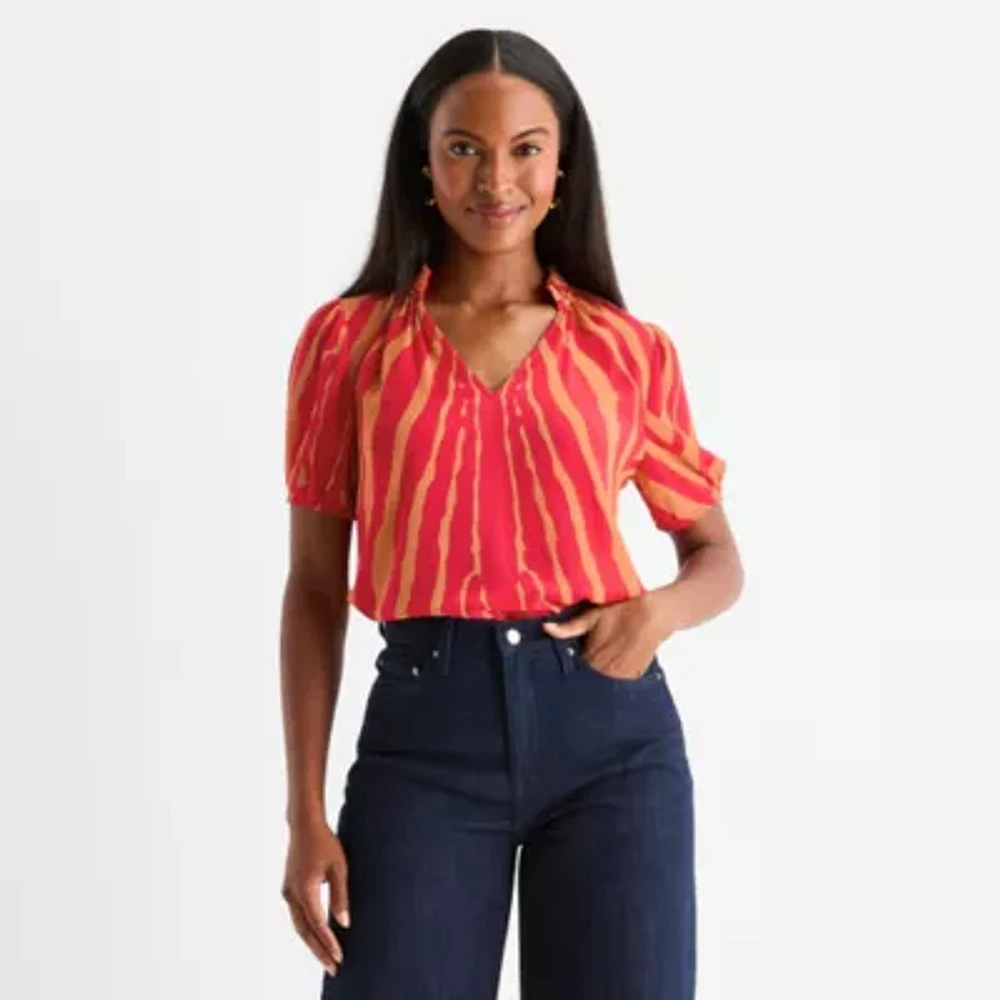Worthington Womens V Neck Short Sleeve Blouse