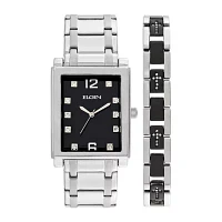 Elgin® Mens Crystal Stainless Steel and Black Watch and Bracelet