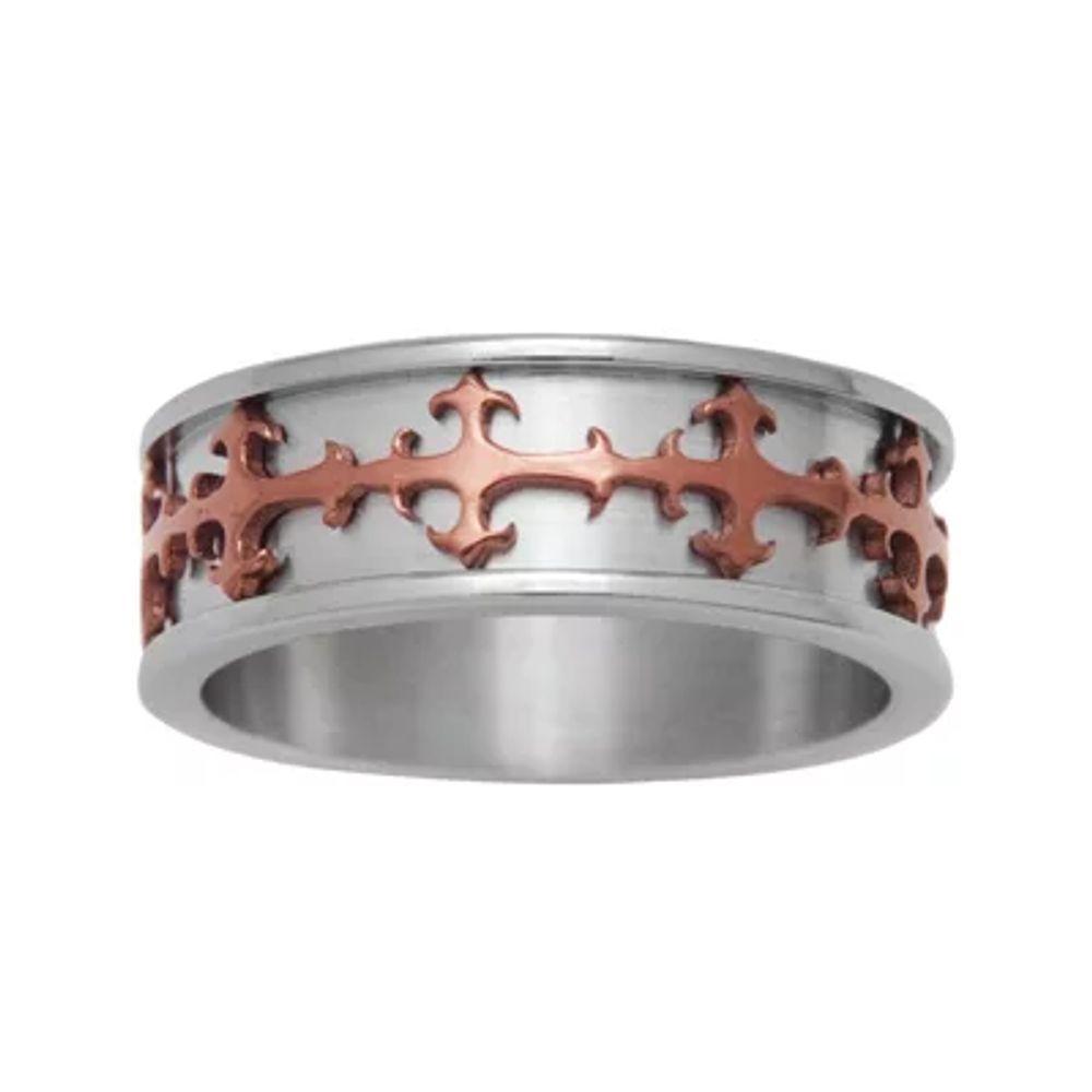 Mens Stainless Steel & Brown IP Cross Ring