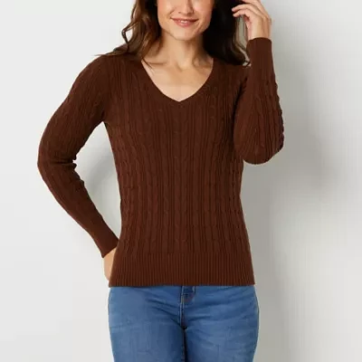 St. John's Bay Tall Womens V Neck Long Sleeve Cable Knit Pullover Sweater